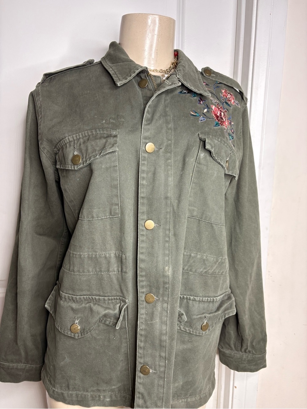 Astr the label Olive Green Military Field Jacket with Floral Embroidery